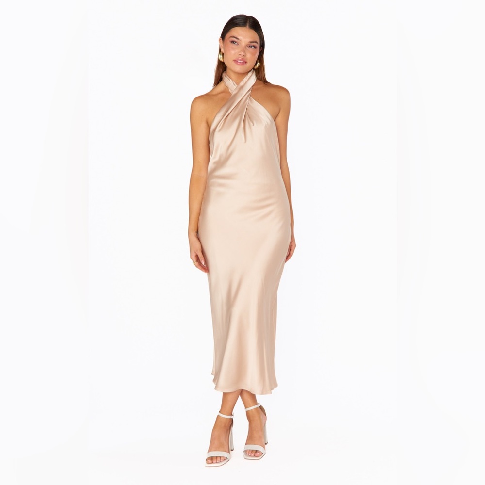 Show Me Your Mumu Jasmine Halter Midi in Champagne Luxe Satin size XS